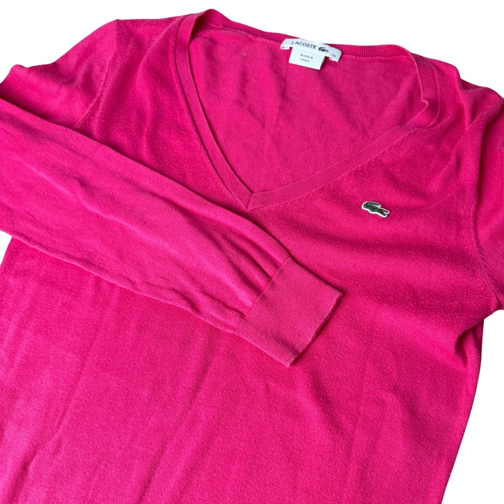 Lacoste V-Neck Hot Pink Sweater Womens 34 Long Sleeve Logo Barbiecore Preppy